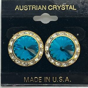 Austrian Crystal Aqua Button Earrings | Gold Tone Halo | NOS Made in USA
